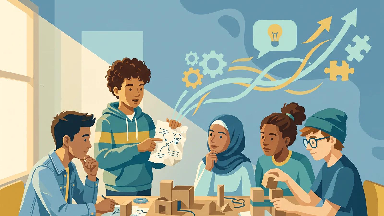Illustration of a student holding up a sketched idea to four classmates around a table of paper models, with gears, a lightbulb and rising arrows above them